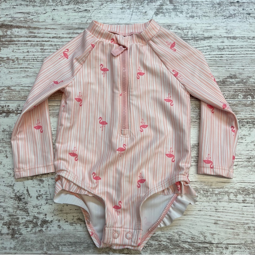 Carter's Pink Striped Baby Bodysuit One Piece Long Sleeve Swimsuit 6m Flamingo